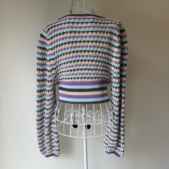 Zara striped crochet knit cropped sweater top ballon long sleeve cotton L V Neck - Picture 2 of 8